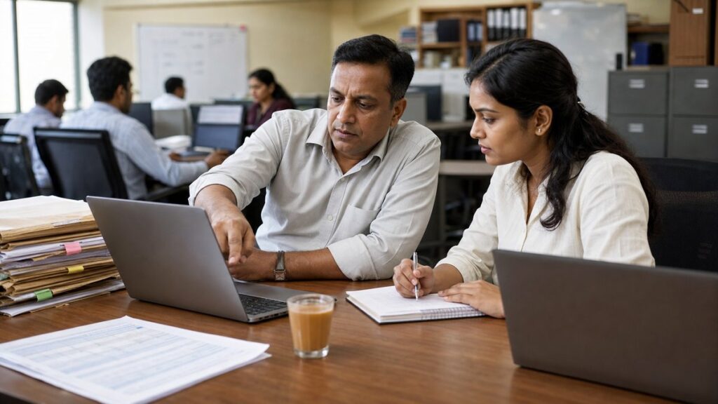 Indian HR and payroll colleagues reviewing provident fund contribution records on a laptop before the monthly ECR filing deadline