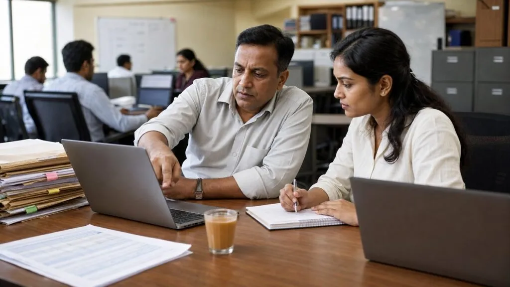 Indian HR and payroll colleagues reviewing provident fund contribution records on a laptop before the monthly ECR filing deadline