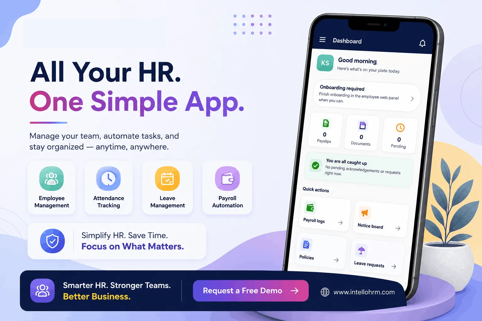 IntelloHRM dashboard — workforce analytics, approvals, and employee self-service